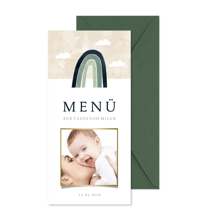 Menükarte zur Taufe Foto & Regenbogen grün - Karteneindruck
