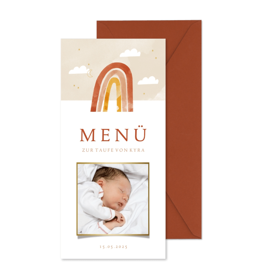 Menükarte zur Taufe Foto & Regenbogen orange - Karteneindruck