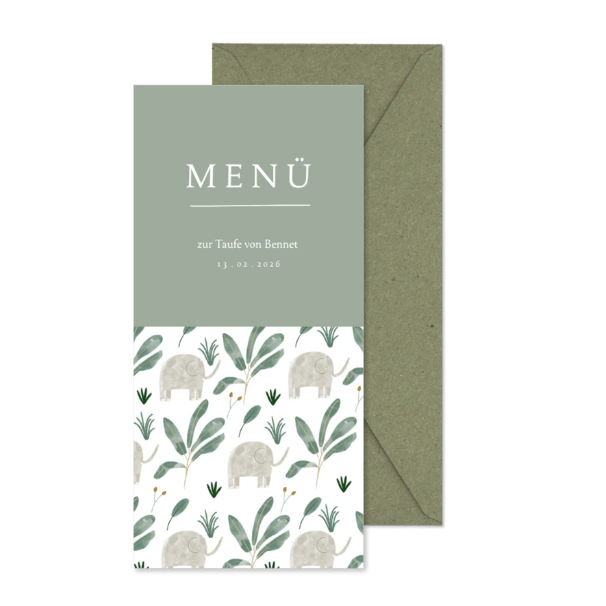 Menükarte zur Taufe klassisch kleine Elefanten - Karteneindruck
