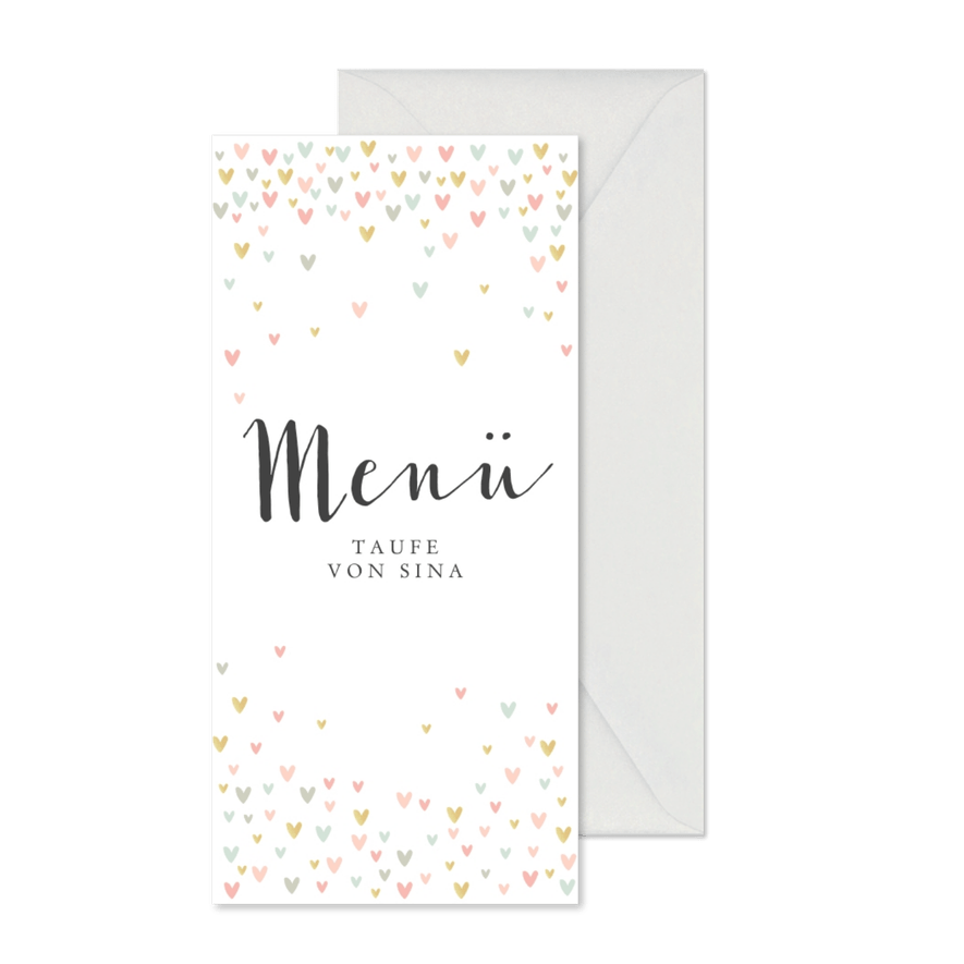Menükarte zur Taufe Pastellherzen - Karteneindruck
