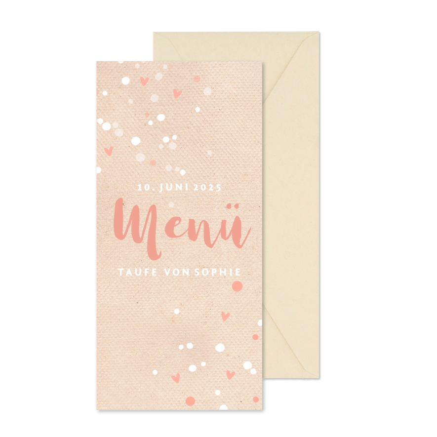 Menükarte zur Taufe Punkte und Herzen - Karteneindruck