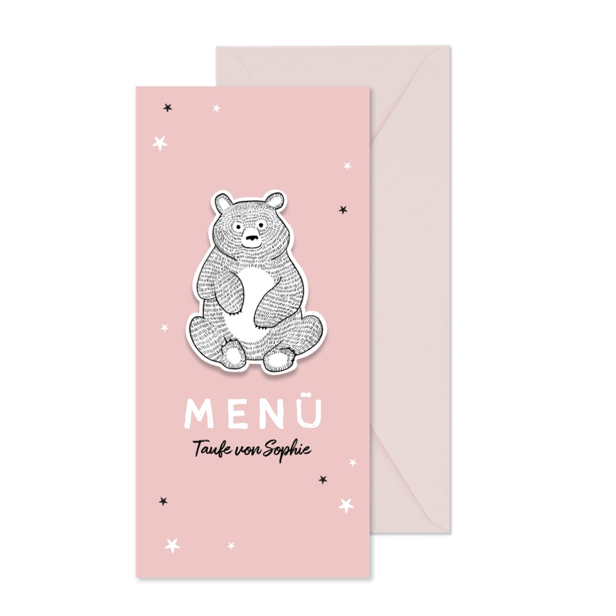 Menükarte zur Taufe rosa Bär und Sterne - Karteneindruck
