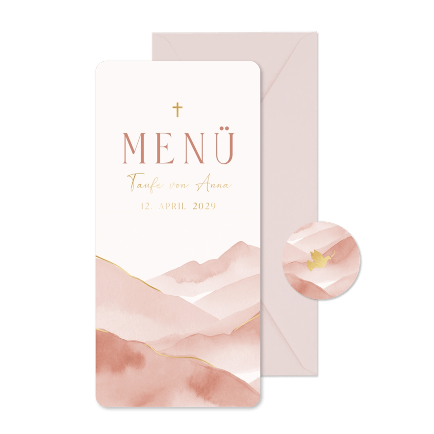 Menükarte zur Taufe rosa Berge Aquarell - Karteneindruck
