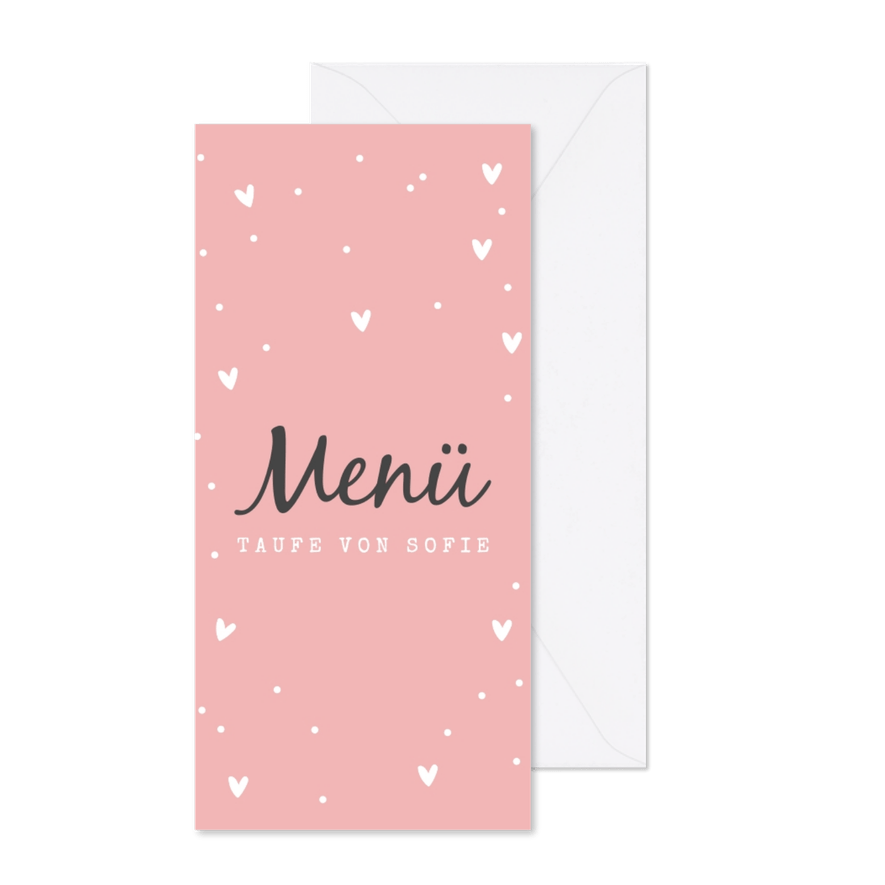 Menükarte zur Taufe rosa mit Herzen - Kartenvorschau