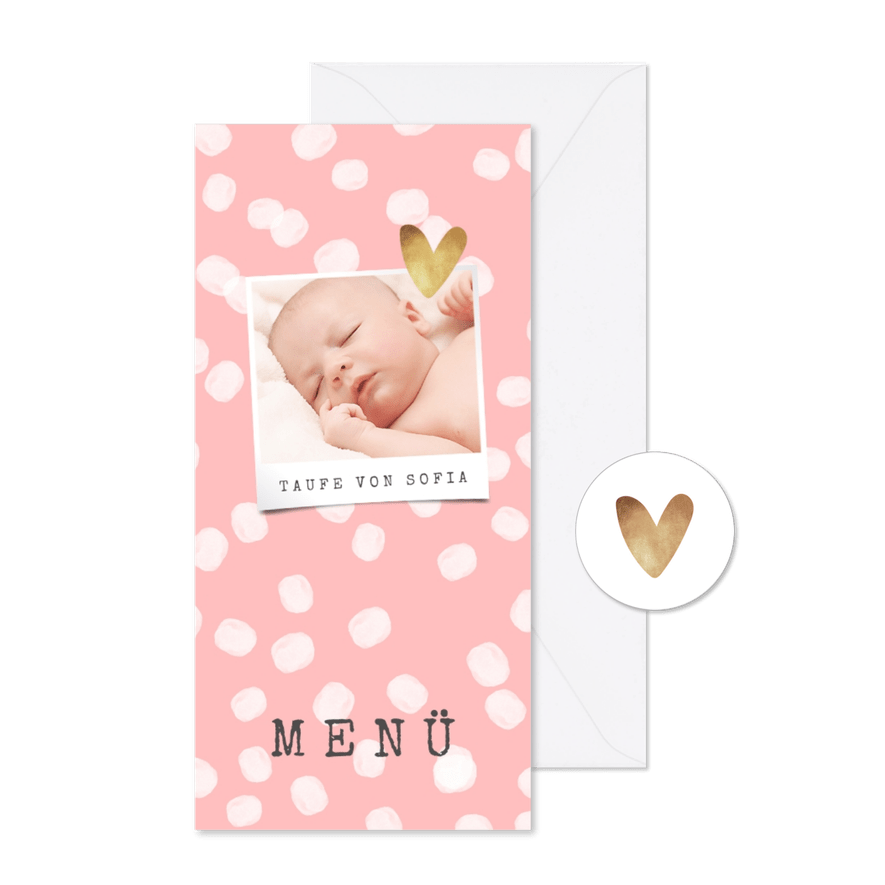 Menükarte zur Taufe rosa mit Punkten und Foto - Karteneindruck