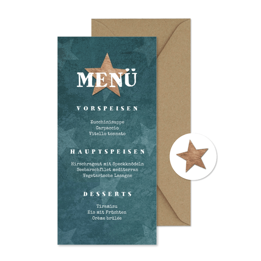 Menükarte zur Taufe Stern im Holzlook und Foto - Karteneindruck
