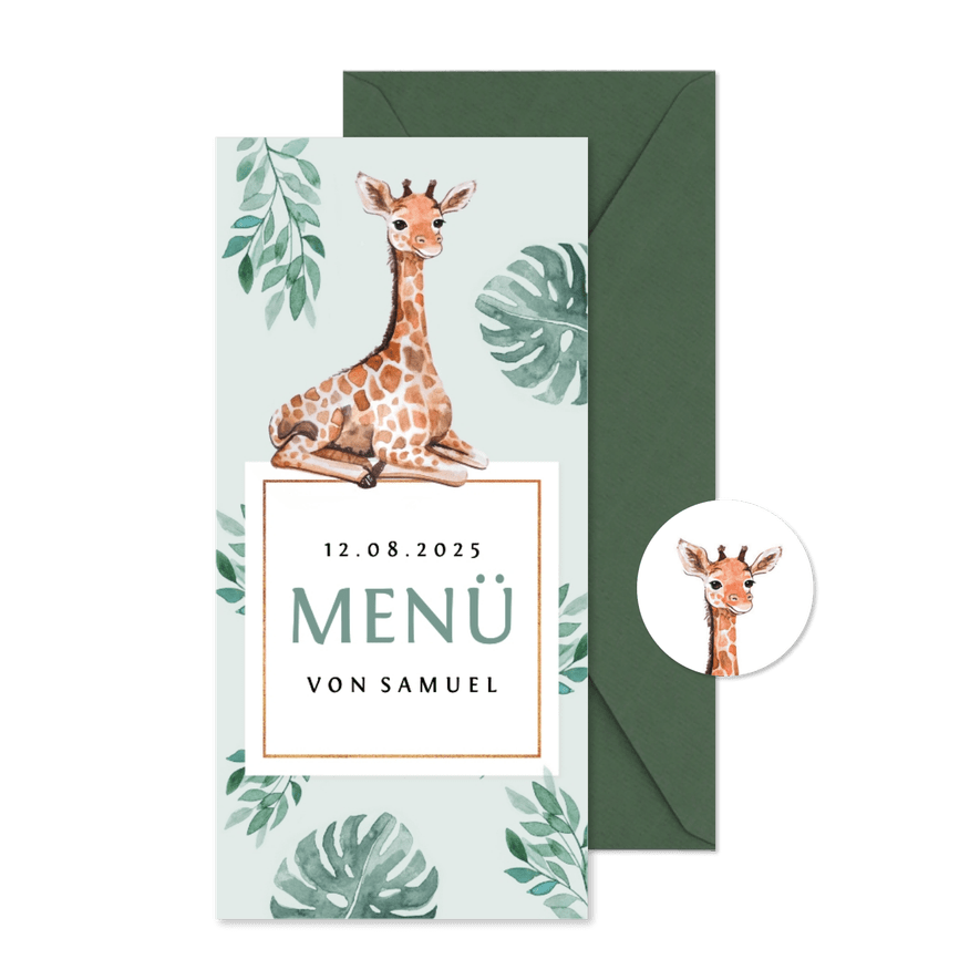 Menükarte zur Taufe süße Giraffe und Foto - Karteneindruck
