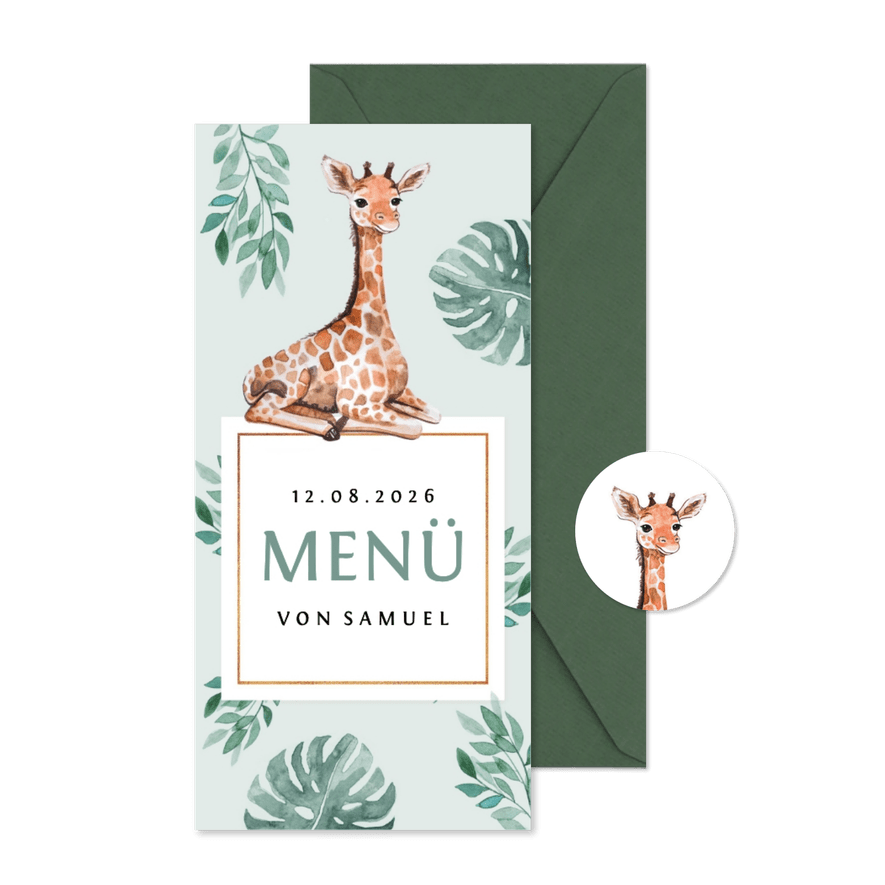 Menükarte zur Taufe süße Giraffe und Foto - Karteneindruck

