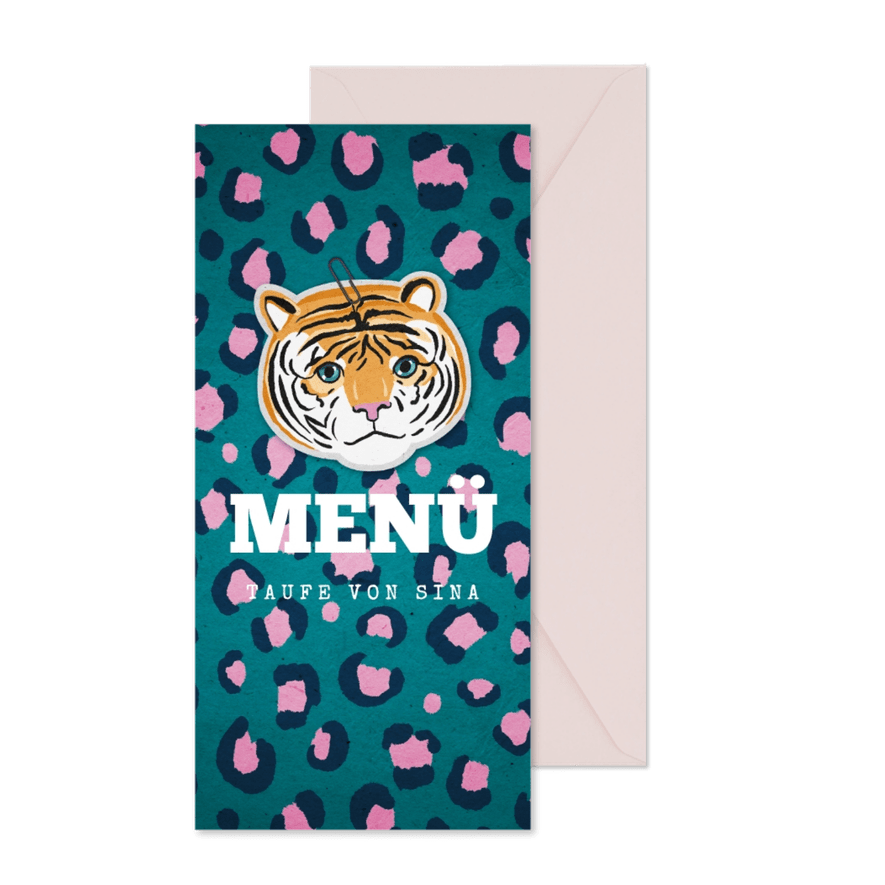 Menükarte zur Taufe Tierprint und Tiger - Karteneindruck

