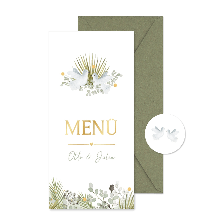 Menükarte zwei Hochzeitstauben mit grünen Zweigen - Karteneindruck
