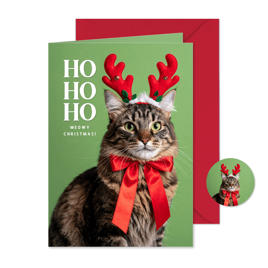 Meowy Christmas Weihnachtskarte Katze mit Geweih lustig - Kartenvorschau
