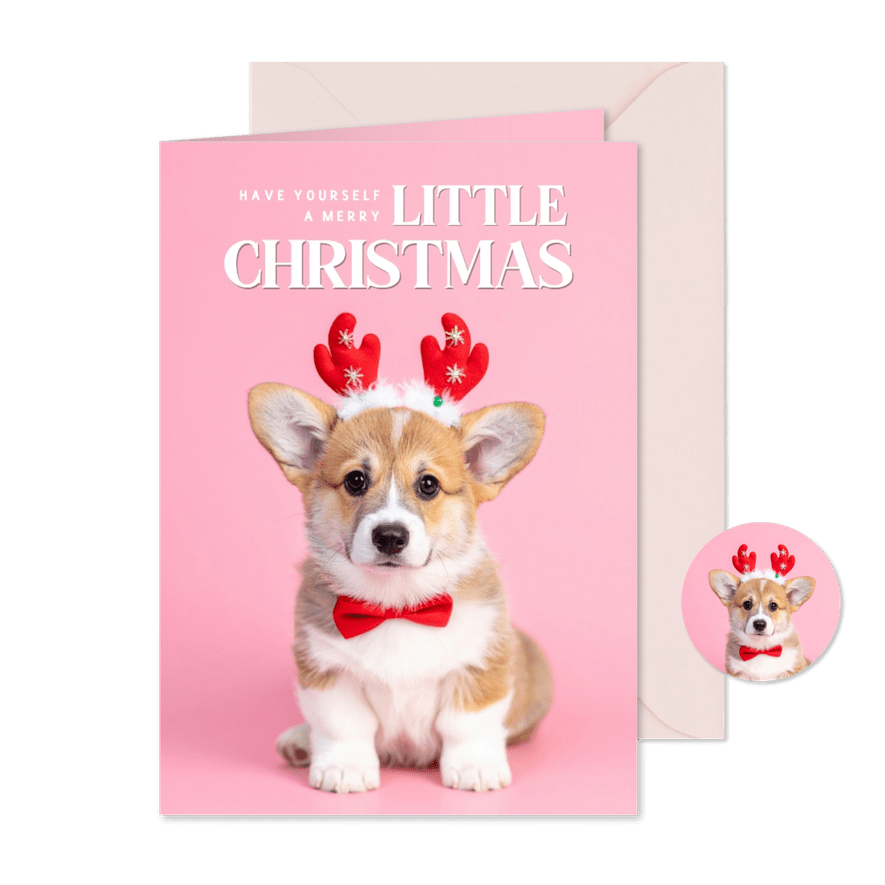 'Merry little Christmas' Weihnachtskarte Hund mit Geweih  - Kartenvorschau
