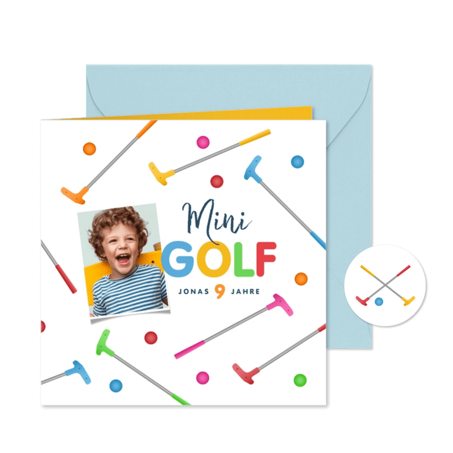 Minigolf Kindergeburtstag Einladungskarte mit Foto 9 Jahre - Karteneindruck