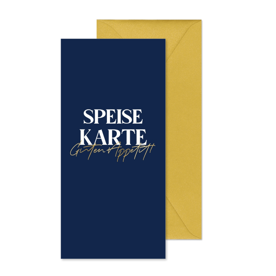 Minimalistische Menükarte zur Konfirmation blau & Goldlook - Karteneindruck
