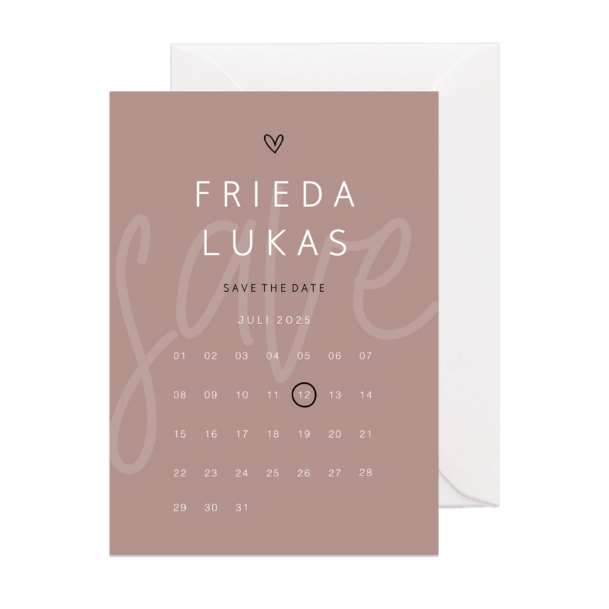 Minimalistische Save-the-Date-Karte mit Kalender und Herz - Karteneindruck
