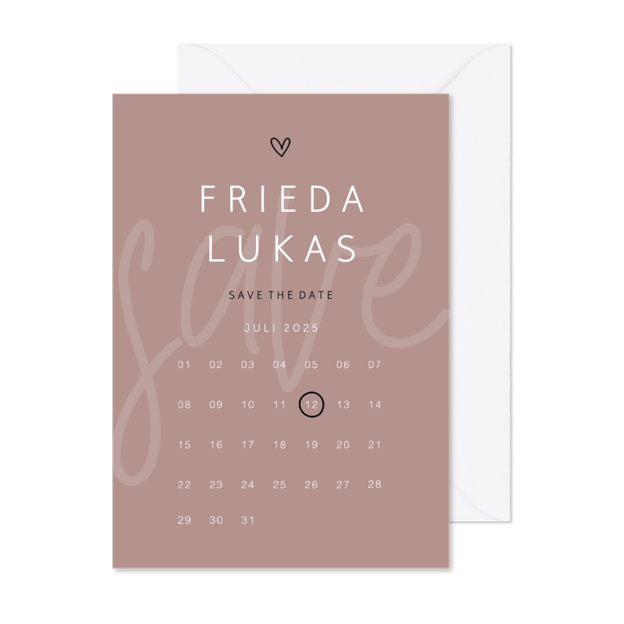 Minimalistische Save-the-Date-Karte mit Kalender und Herz - Karteneindruck