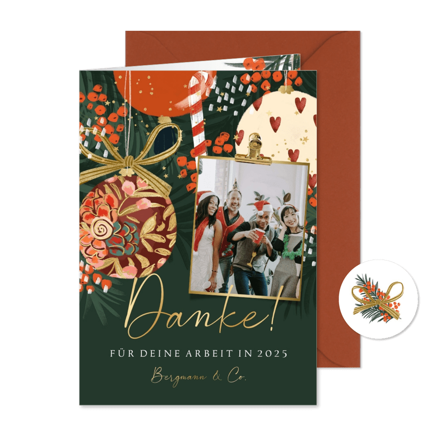 Mitarbeiter-Weihnachtskarte Foto und Weihnachtskugeln - Karteneindruck
