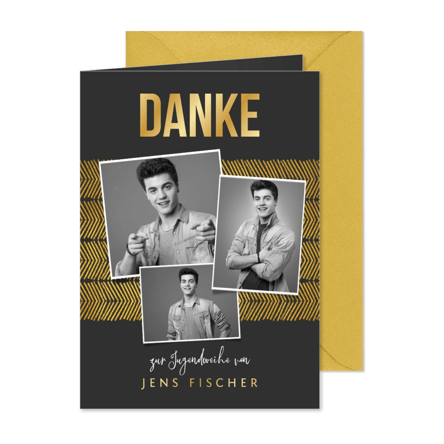 Moderne Danksagung Jugendweihe mit eigenen Fotos - Karteneindruck
