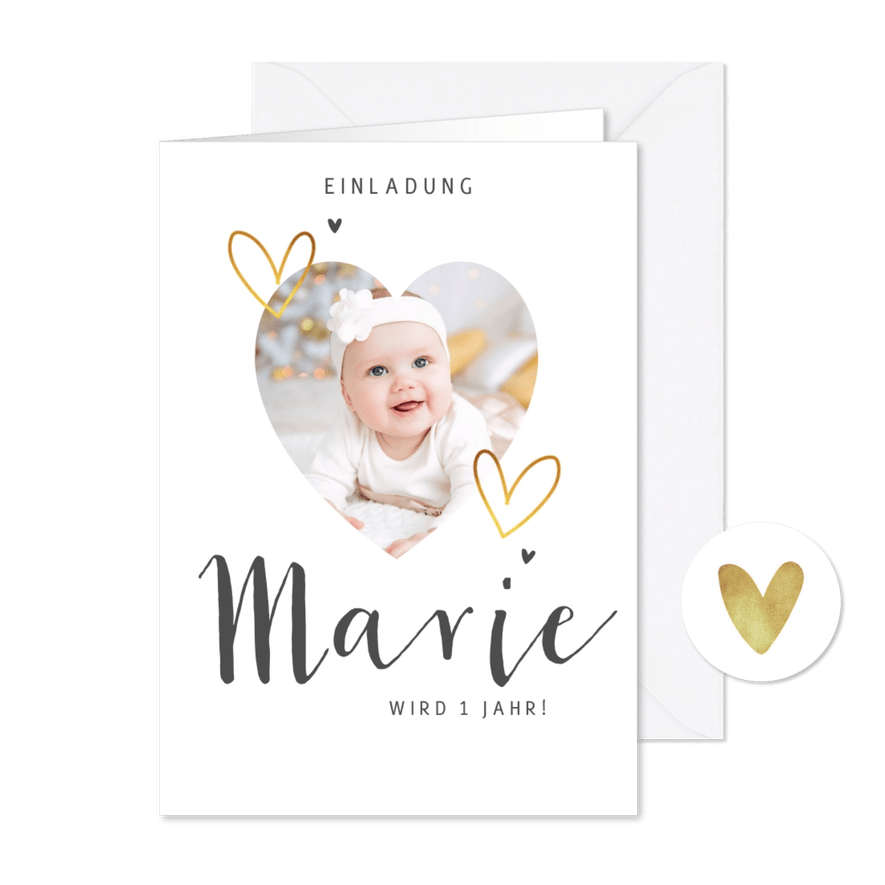 Moderne Einladung zum 1. Kindergeburtstag mit Foto als Herz - Karteneindruck