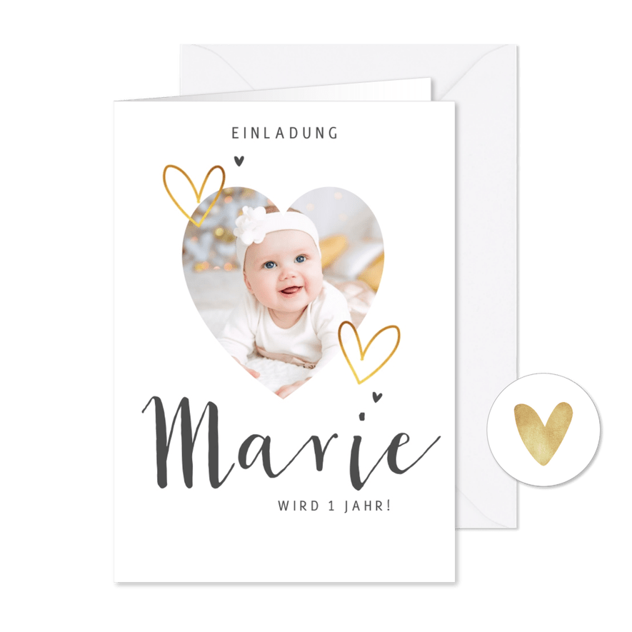 Moderne Einladung zum 1. Kindergeburtstag mit Foto als Herz - Karteneindruck