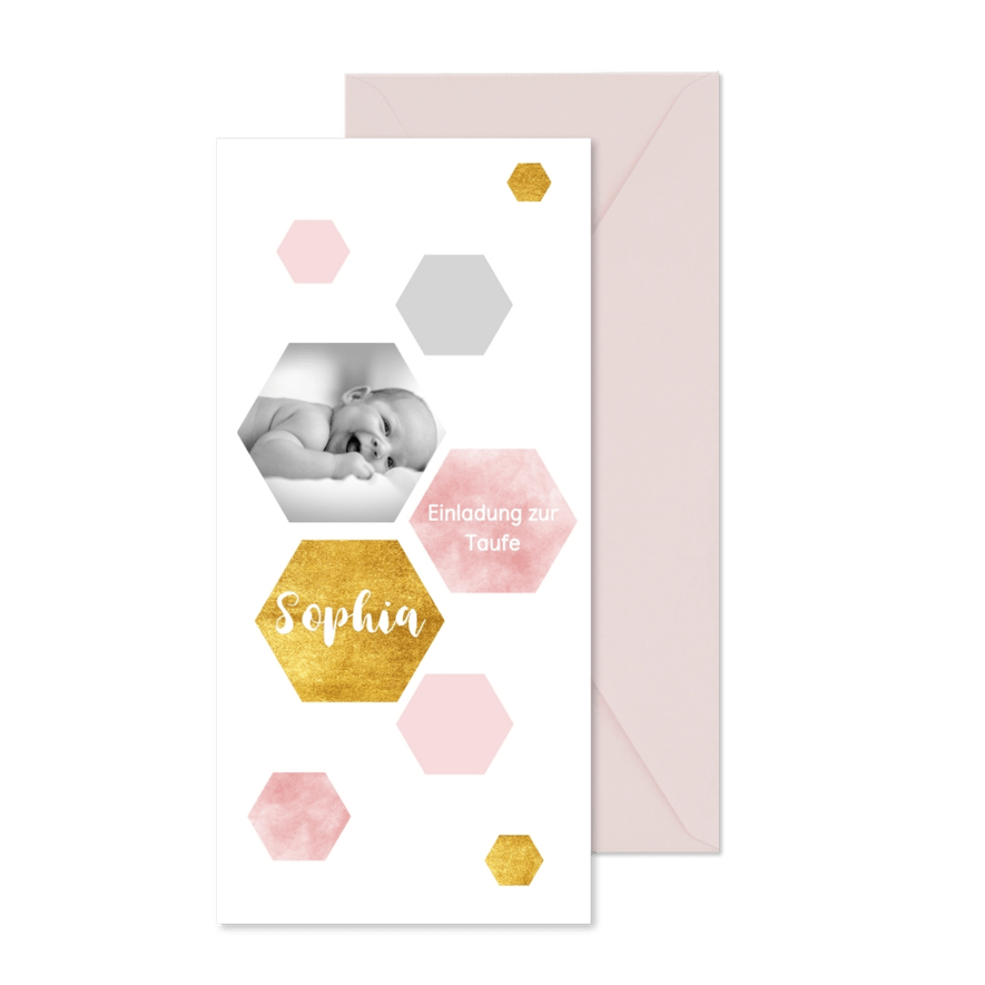 Moderne Einladung zur Taufe rosa Sechsecke und Foto - Karteneindruck
