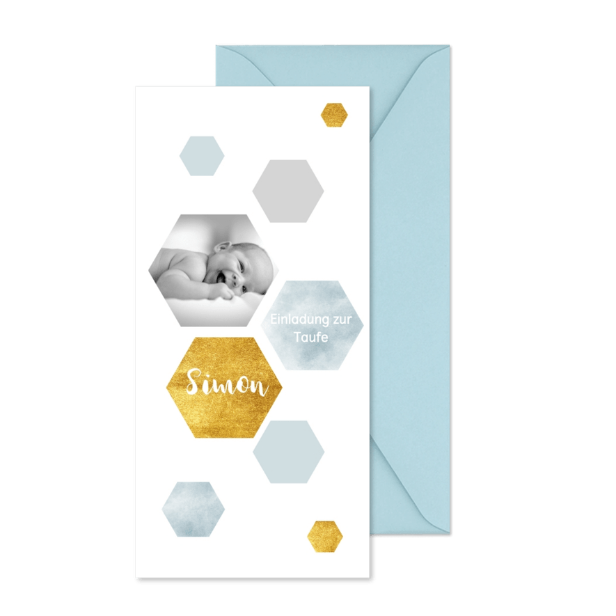 Moderne Einladung zur Taufe Sechsecke und Foto - Karteneindruck
