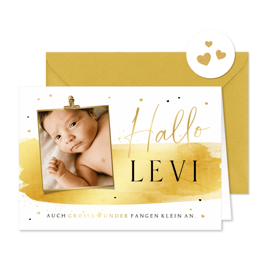 Moderne Geburtskarte mit Foto und Golddruck - Karteneindruck
