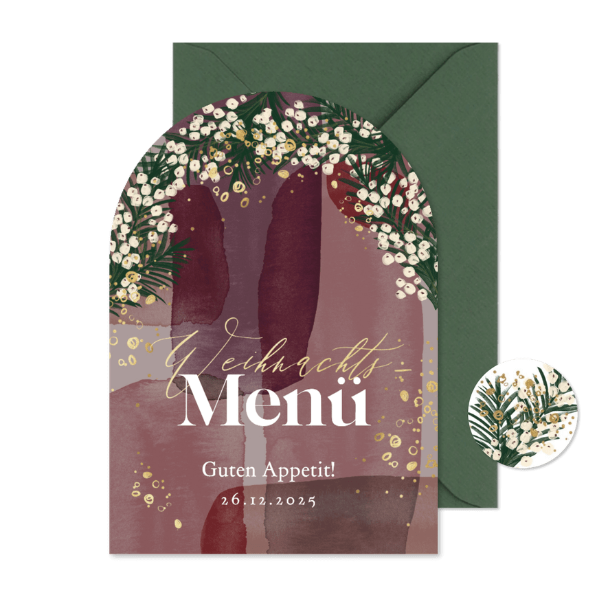 Moderne Menükarte zum Weihnachtsessen Aquarell & Beeren - Karteneindruck
