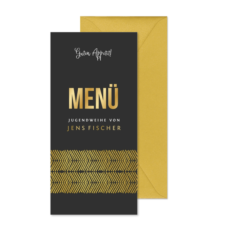 Moderne Menükarte zur Jugendweihe mit Goldeffekten - Karteneindruck