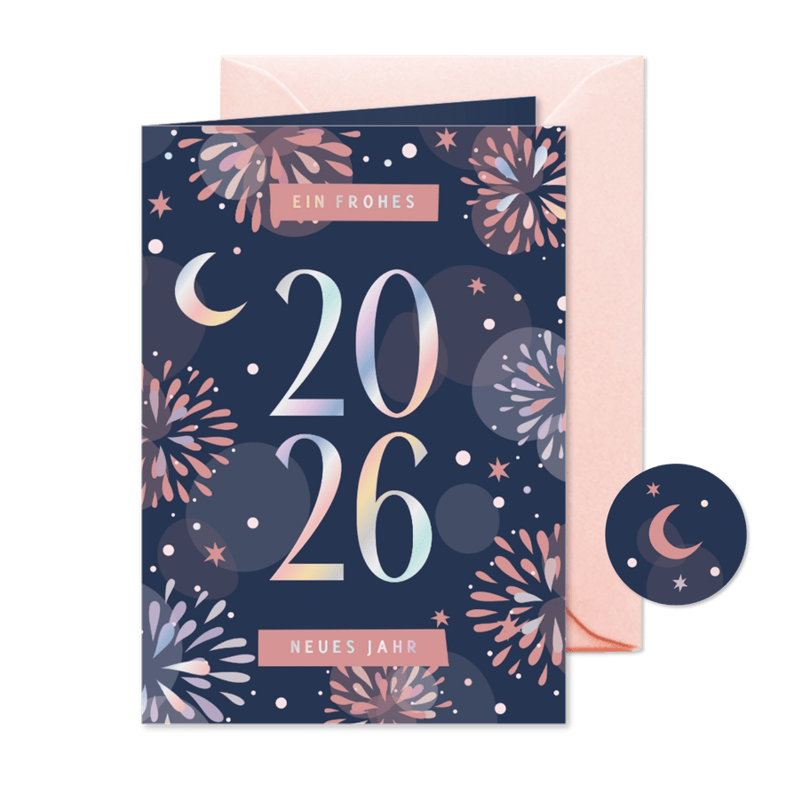 Moderne Neujahrskarte 2026 Mond & Feuerwerk - Karteneindruck