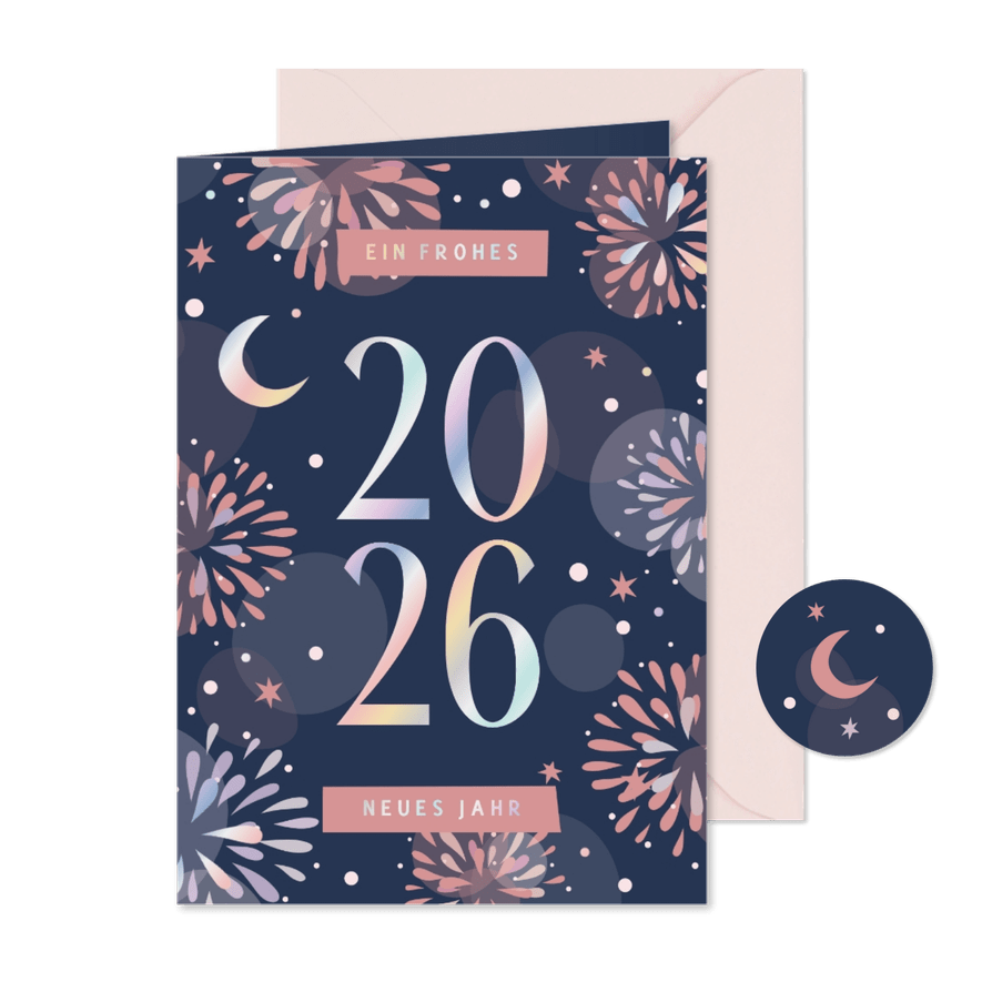 Moderne Neujahrskarte 2026 Mond & Feuerwerk - Karteneindruck
