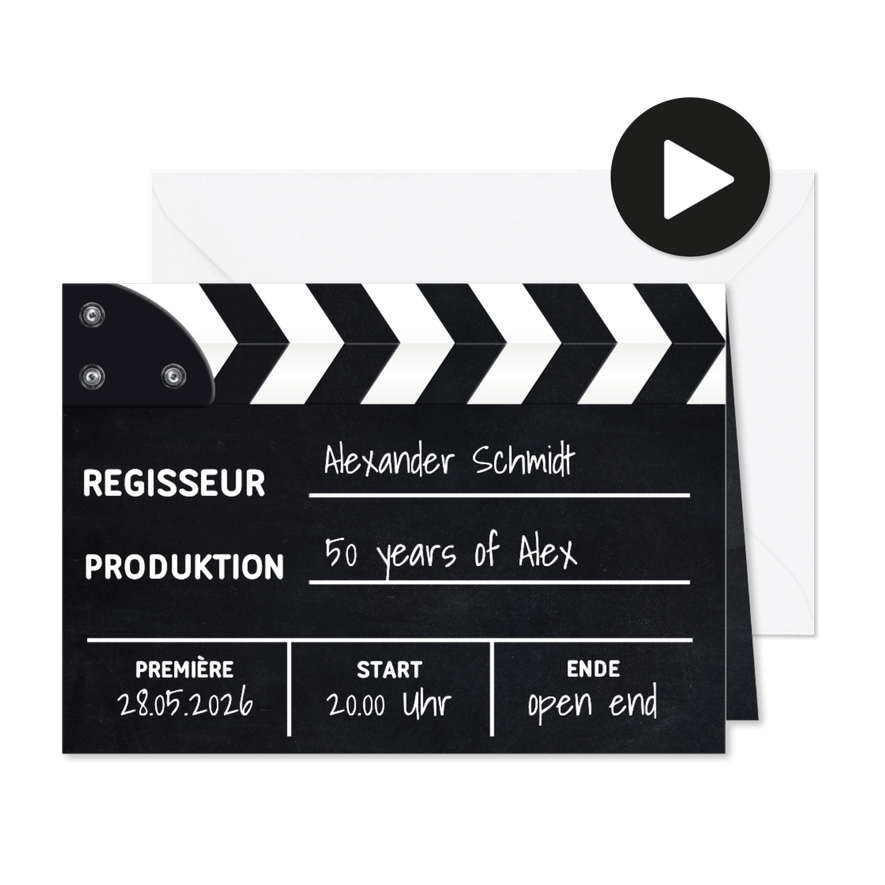 Mottoparty Film Einladung mit Filmklappe - Karteneindruck
