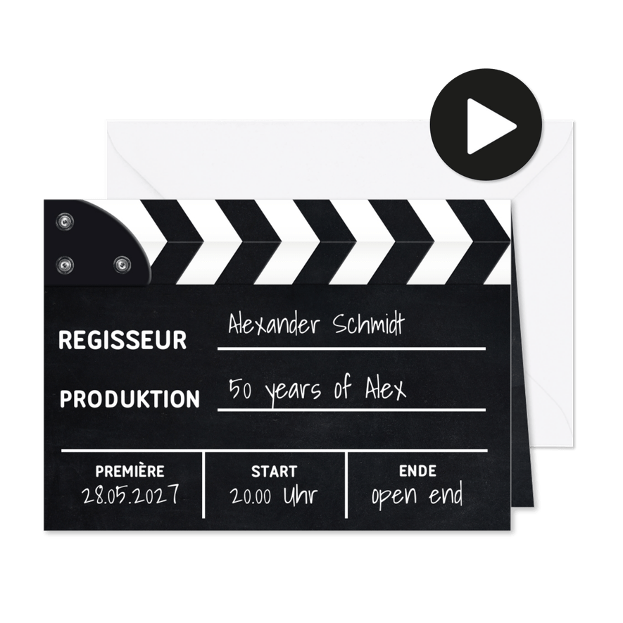 Mottoparty Film Einladung mit Filmklappe - Karteneindruck
