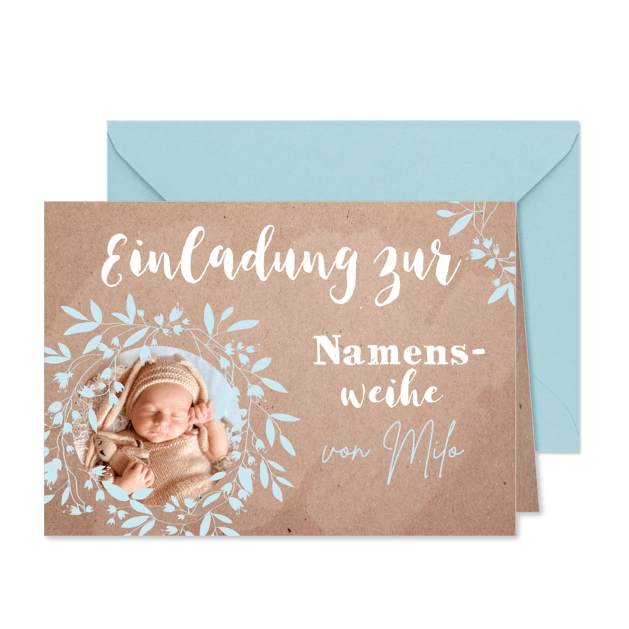 Namensweihe Einladung Naturpapier & hellblaue Ranken - Karteneindruck
