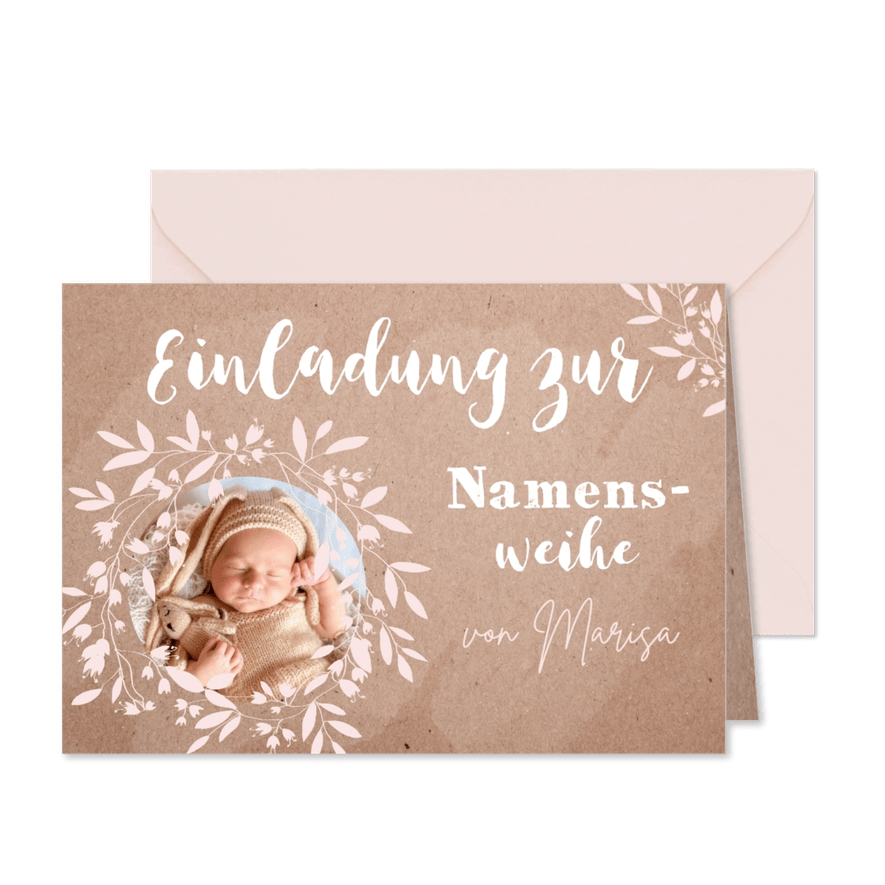 Namensweihe Einladung Naturpapier & rosa Ranken - Karteneindruck