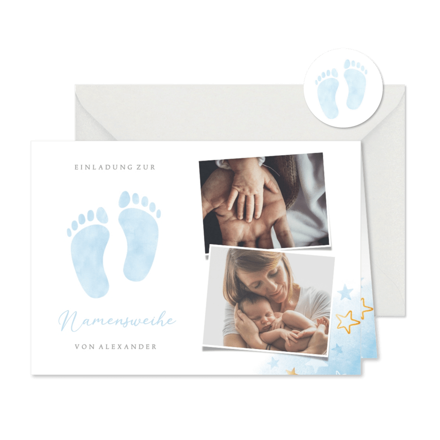 Namensweihe Einladungskarte Füßchen blau & Fotos - Karteneindruck
