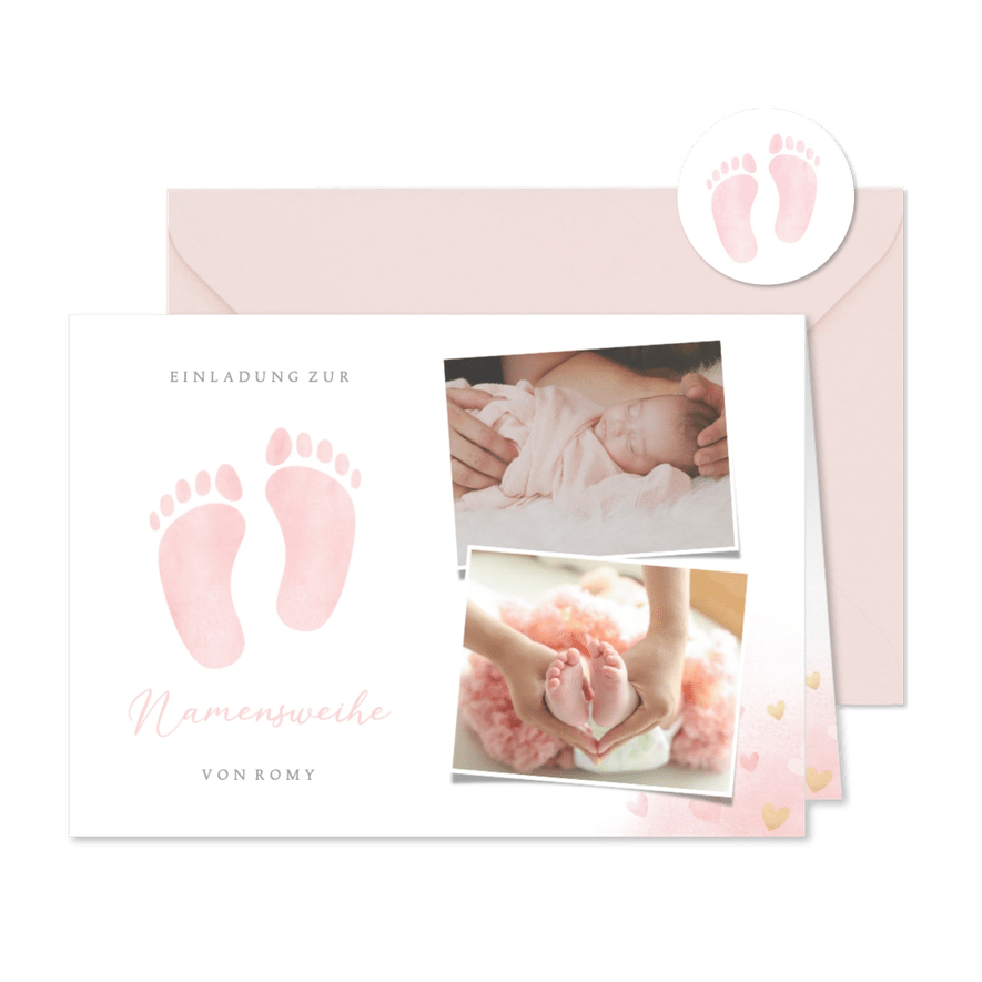Namensweihe Einladungskarte Füßchen rosa & Fotos - Karteneindruck
