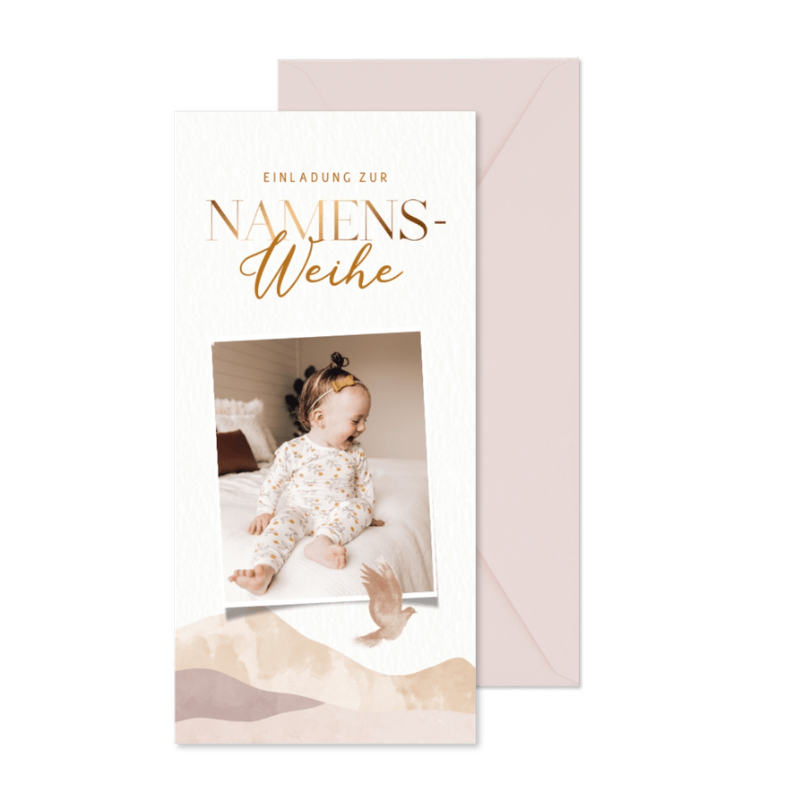 Namensweihe Einladungskarte mit Vogel und Bergen - Karteneindruck
