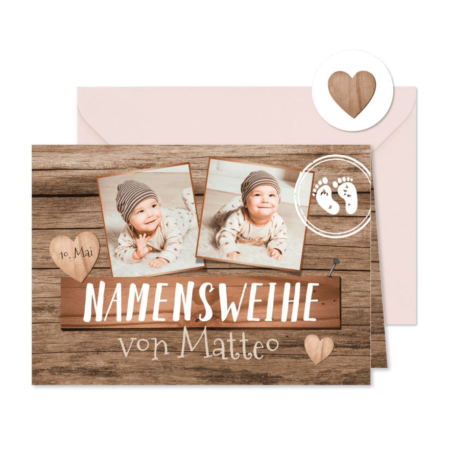 Namensweihe Einladunskarte Fotos auf Holz - Karteneindruck