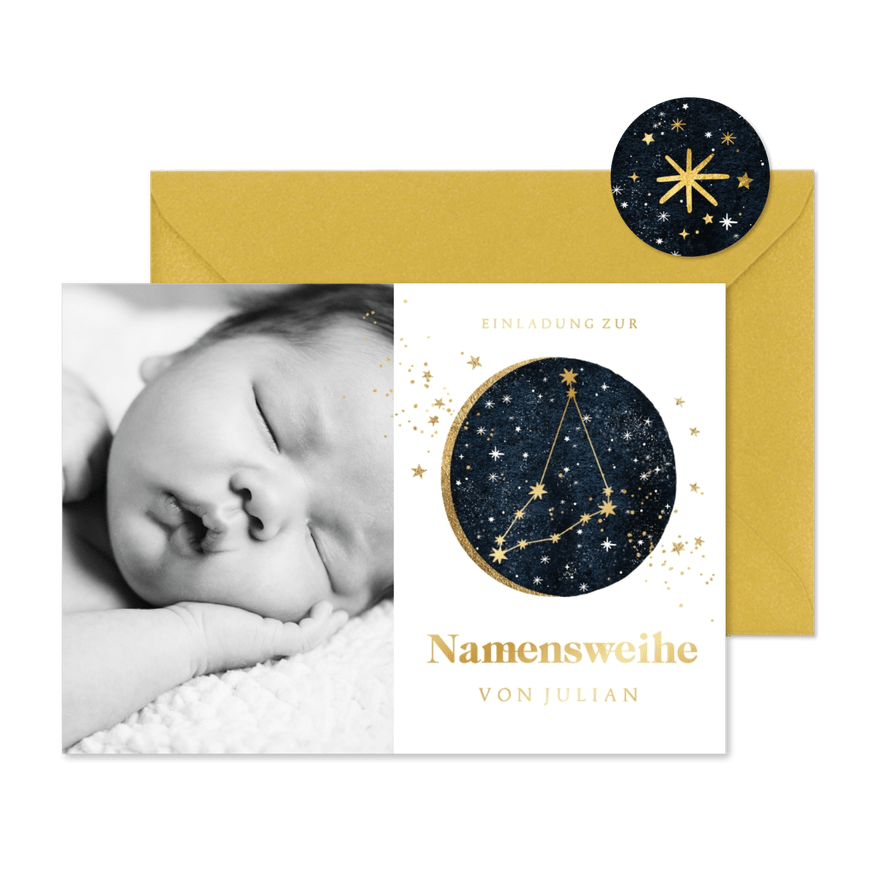 Namensweihe Foto-Einladungskarte Sternzeichen Steinbock - Karteneindruck
