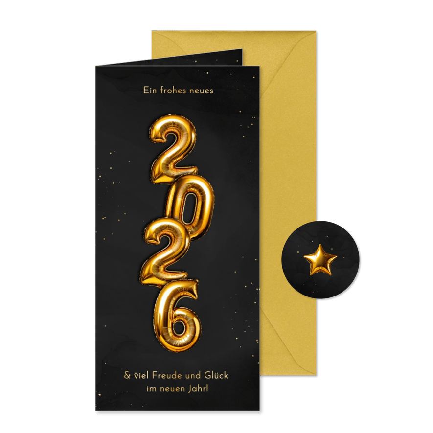 Neujahr Grußkarte Folienballon goldene 2026 - Karteneindruck
