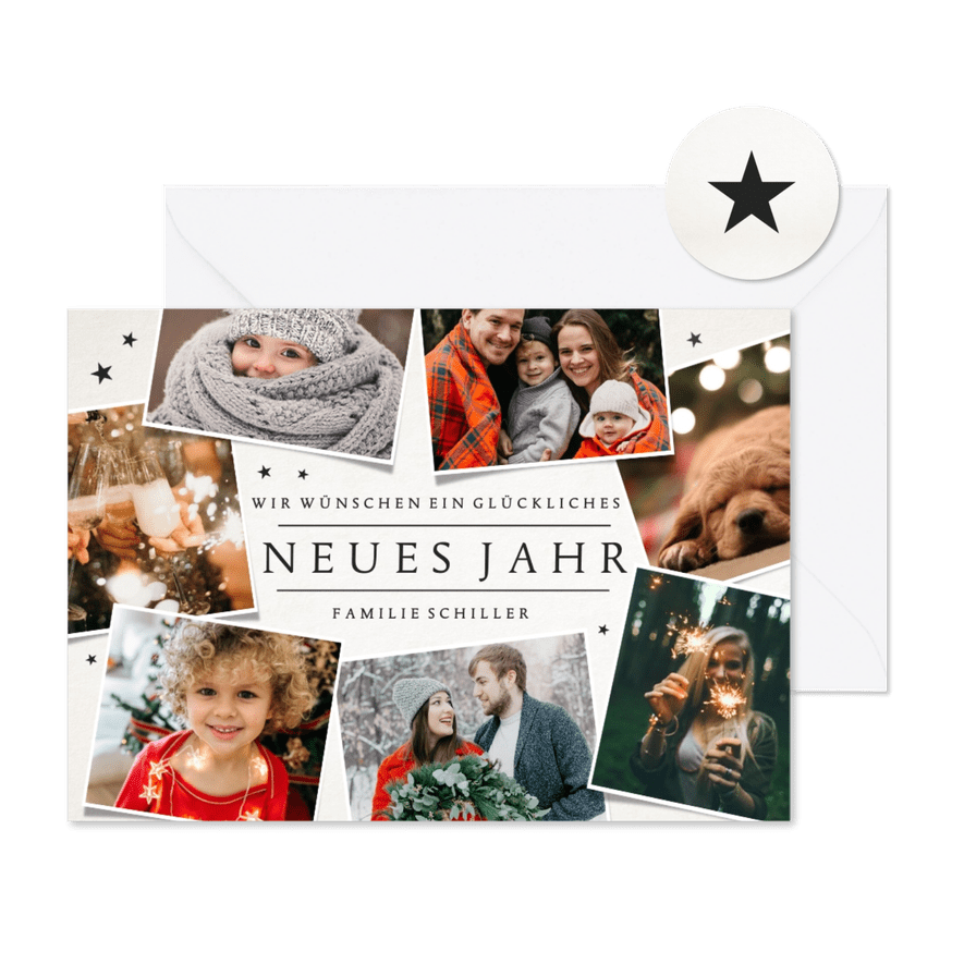 Neujahrsgrüße Fotocollage mit Sternen - Karteneindruck