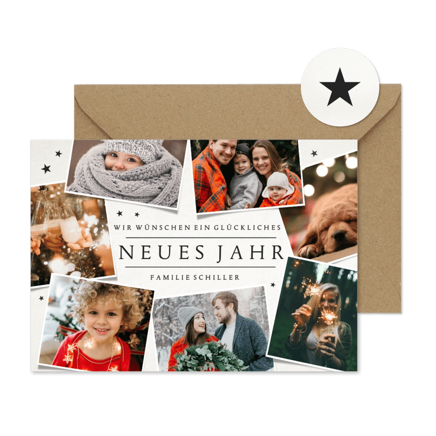 Neujahrsgrüße Fotocollage mit Sternen - Karteneindruck
