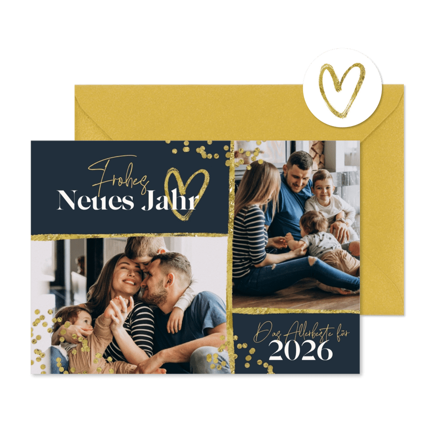 Neujahrsgrüße Fotocollage Rahmen und Herz - Karteneindruck