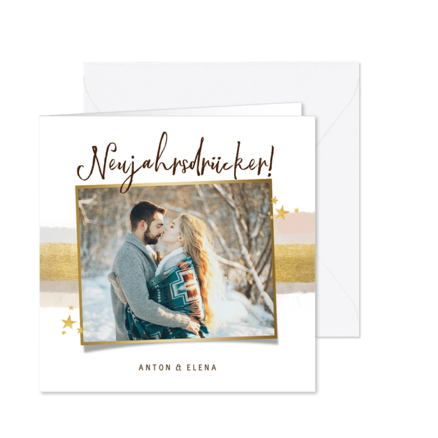 Neujahrsgrüße im Aquarell- und Goldlook mit Foto - Karteneindruck
