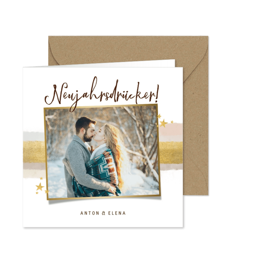 Neujahrsgrüße im Aquarell- und Goldlook mit Foto - Karteneindruck