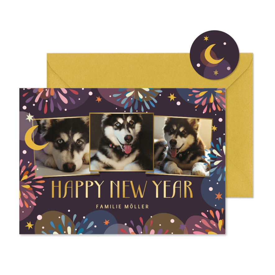 Neujahrsgrüße mit Illustration und Fotocollage - Karteneindruck