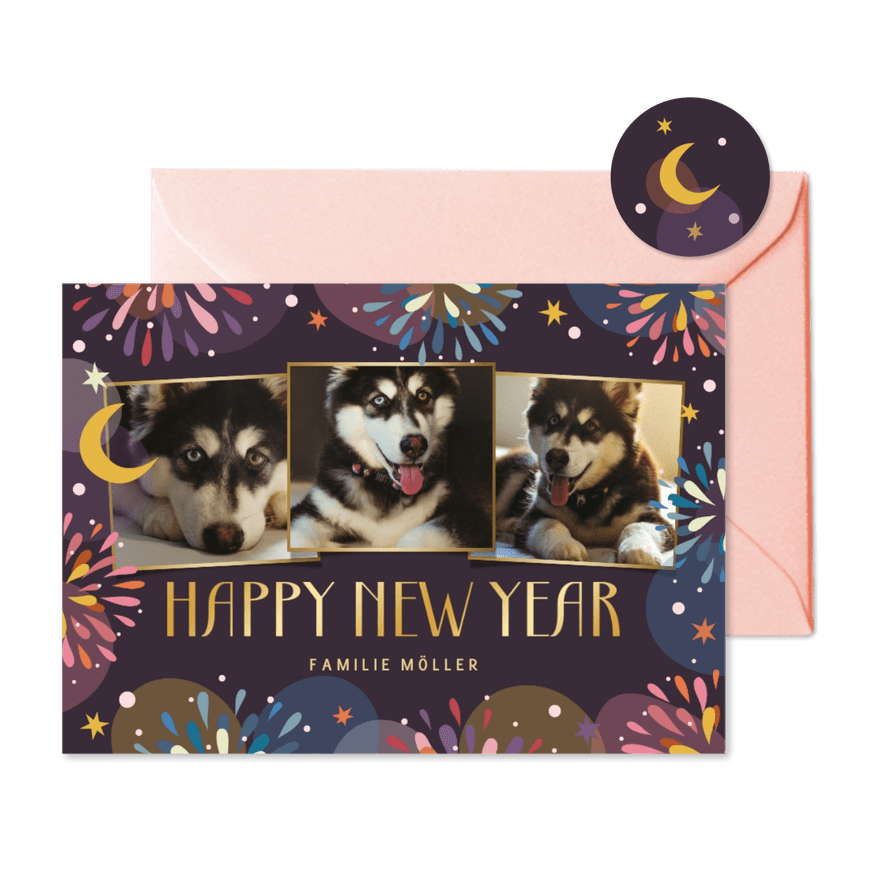 Neujahrsgrüße mit Illustration und Fotocollage - Karteneindruck