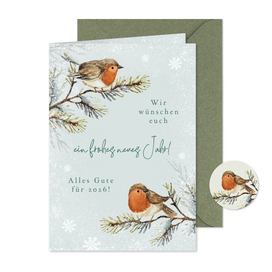 Neujahrsgrüße Rotkehlchen auf Zweigen - Karteneindruck