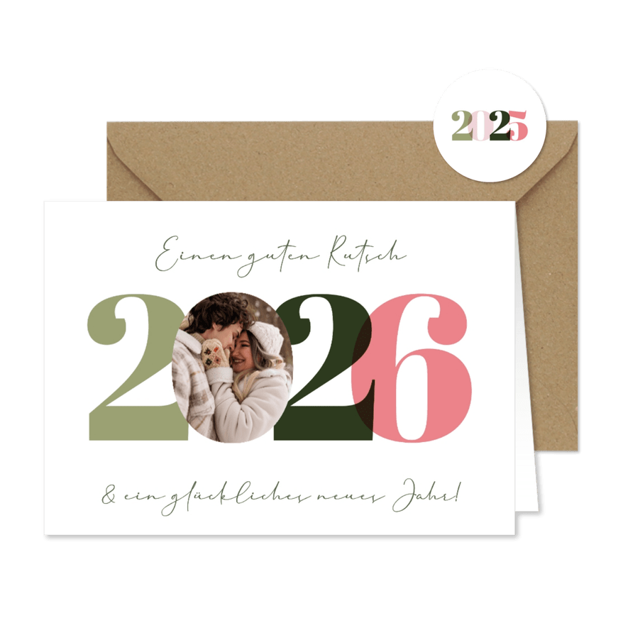 Neujahrsgruß 2026 bunte Zahlen mit Foto - Karteneindruck

